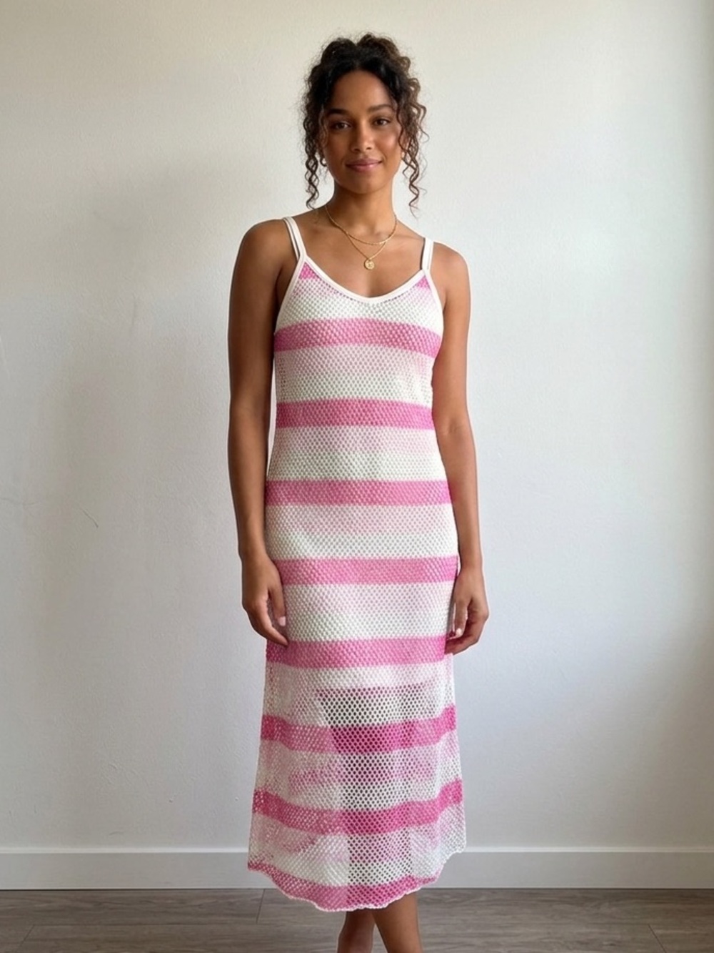 Pretty Girl Y2K Pink and White Striped Crochet Midi Dress Size Large